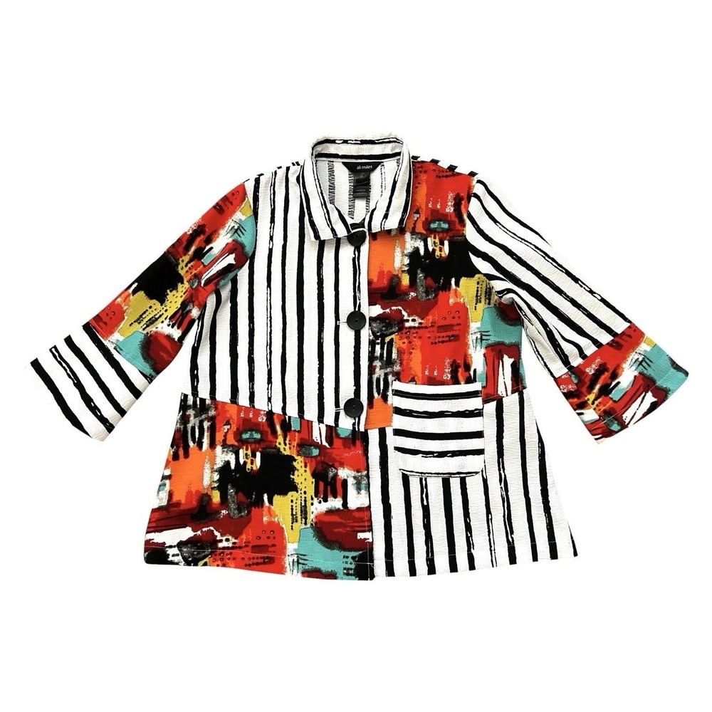 Ali Miles Top Petite Small Abstract Artsy Colorful Lagenlook Shirt Button Down